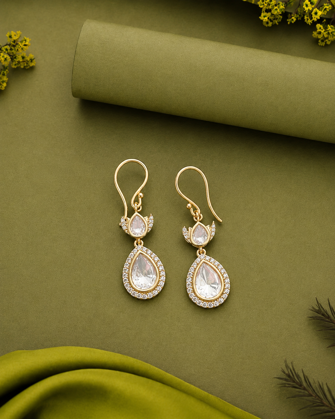 Premium Kundan Teardrop Earrings Green White Red Gold Finish