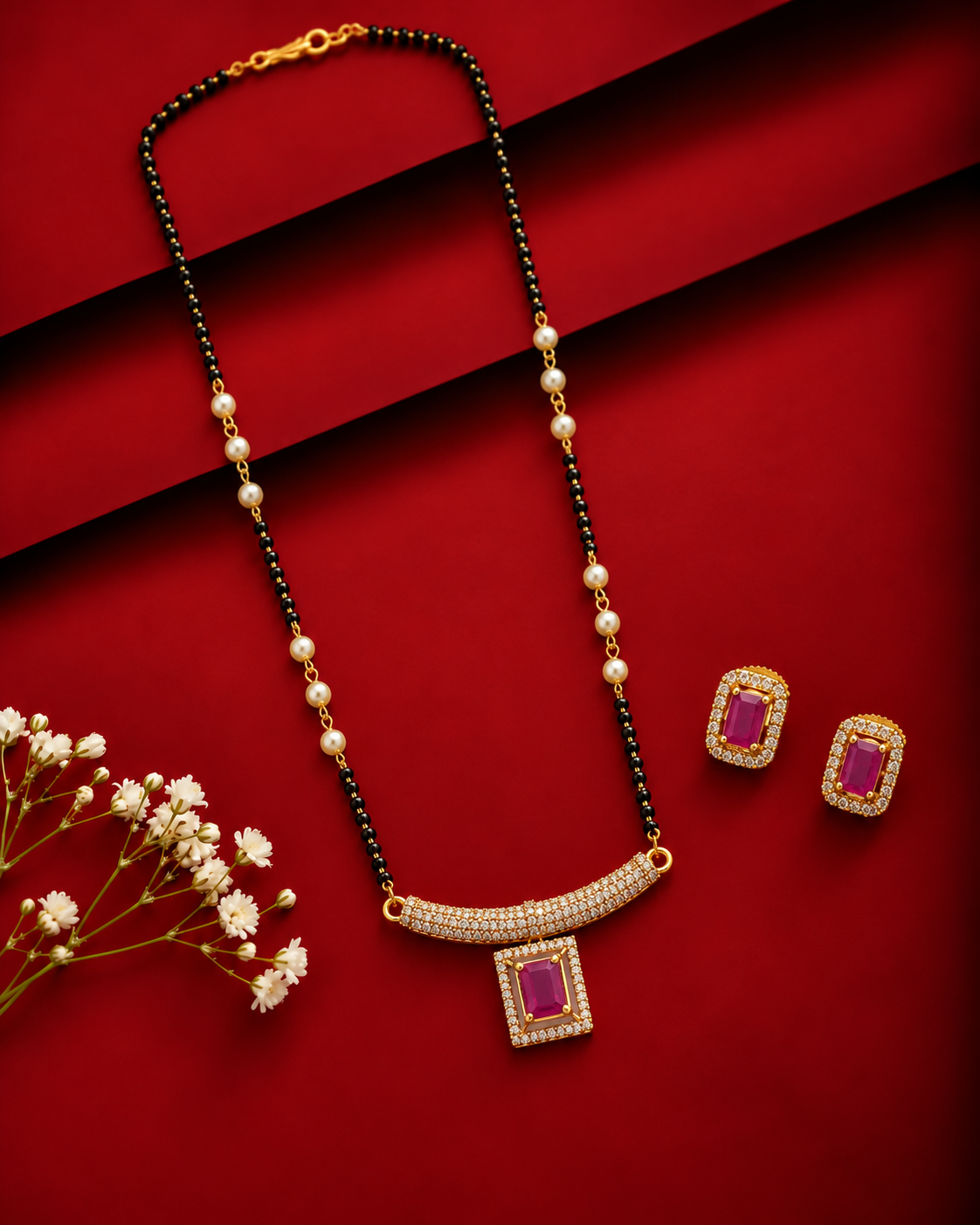 18 Inch Ruby Bar Mangalsutra Set