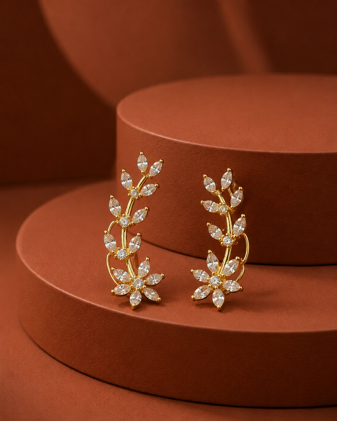 Premium Elira Dual Floral Ear Cuff – Gold Polish Diamond Curved Design
