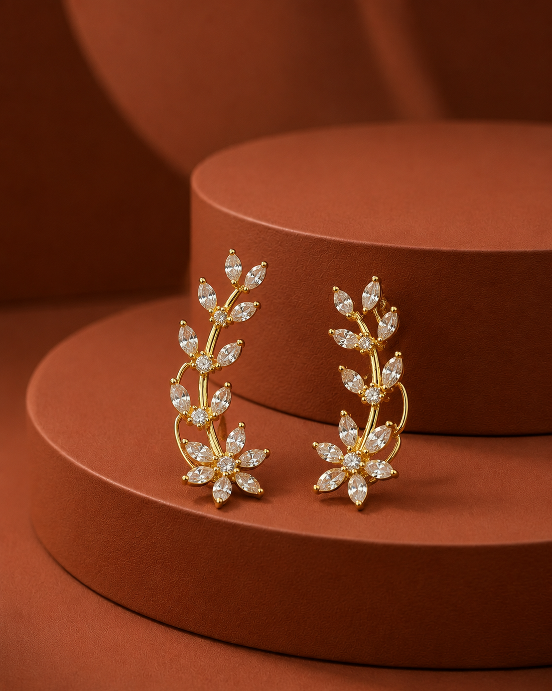 Premium Elira Dual Floral Ear Cuff – Gold Polish Diamond Curved Design