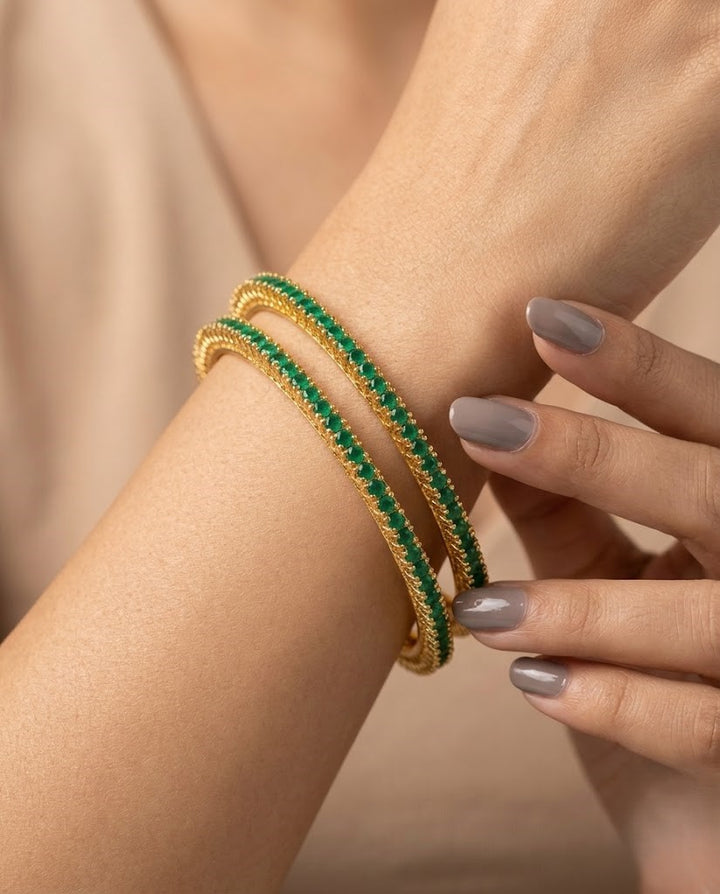 Emerald Green Stone Bangles Pair Gold Tone Slim Design