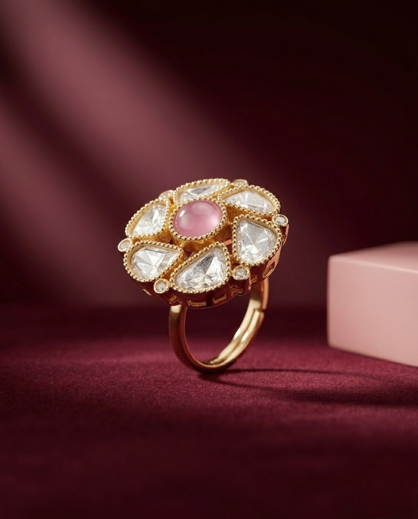 Zarika Emerald Kundan Ring for Women | Adjustable Floral Statement Ring