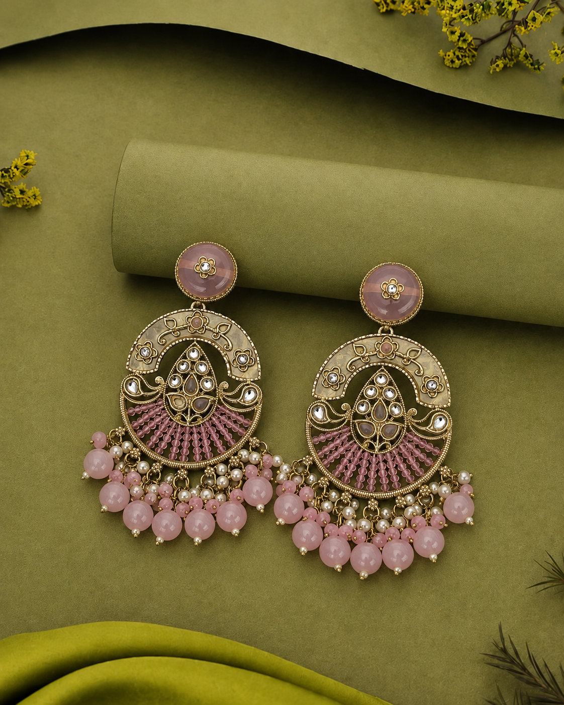 Blush Pink Kundan Chandbali Earrings with Pearl Drops (Mehandi Polish) - Lite Weight