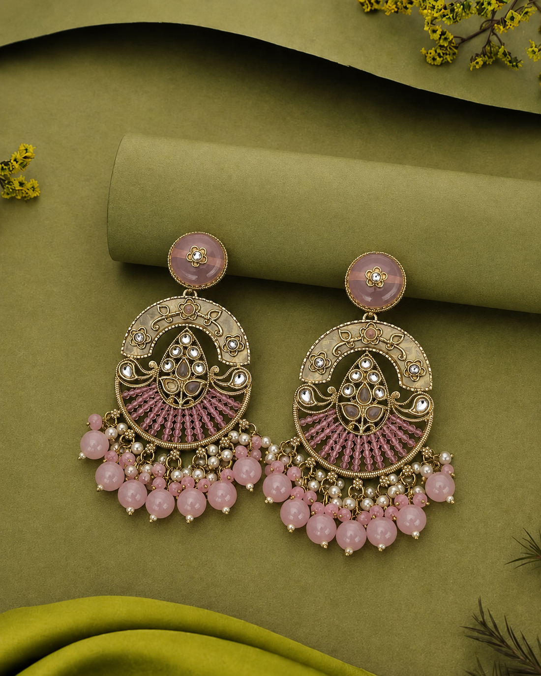 Blush Pink Kundan Chandbali Earrings with Pearl Drops (Mehandi Polish) - Lite Weight