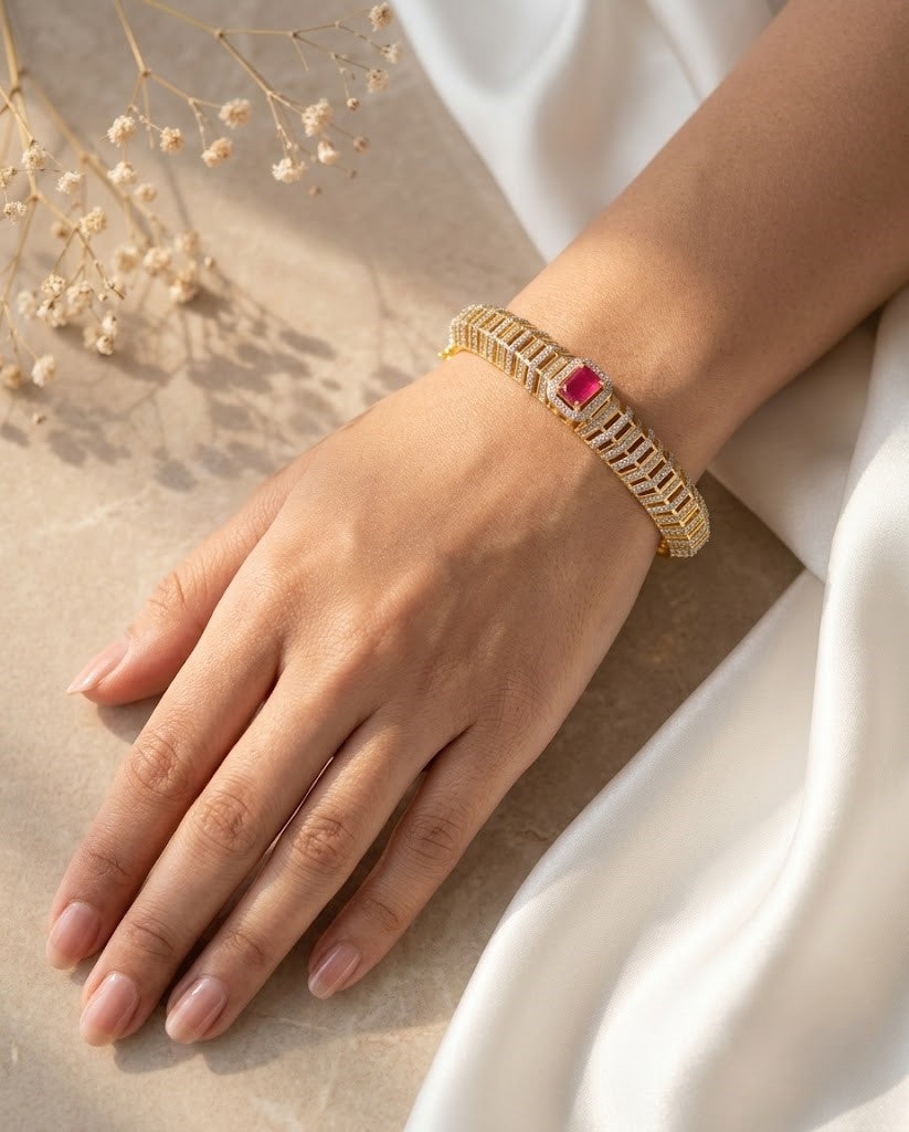 Ruby Pink Centre Stone Openable AD Bracelet in Gold Polish | Luxury Designer Kada for Women