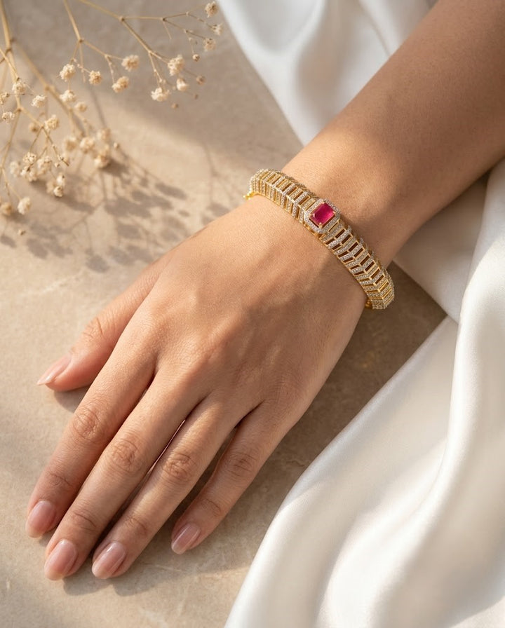 Ruby Pink Centre Stone Openable AD Bracelet in Gold Polish | Luxury Designer Kada for Women
