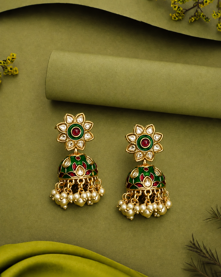 Temple Kundan Jhumka Earrings with Green Meenakari & Pearls