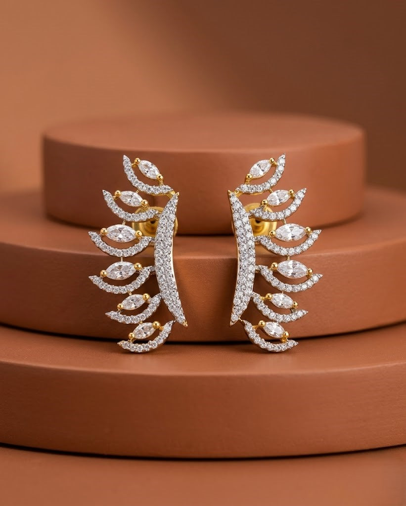Premium Luxe Leaf Climbers – Gold Polish Diamond Statement Earrings