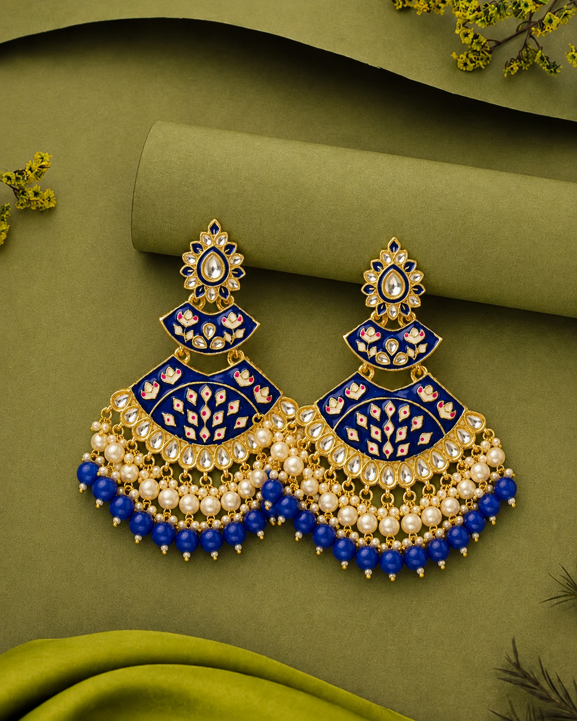 Royal Blue Enamel Kundan Chandbali Earrings with Pearl & Bead Drops