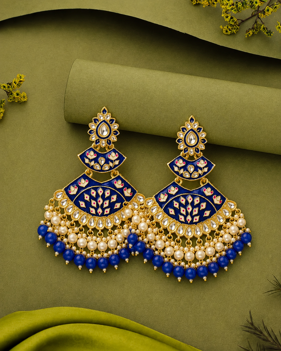 Royal Blue Enamel Kundan Chandbali Earrings with Pearl & Bead Drops