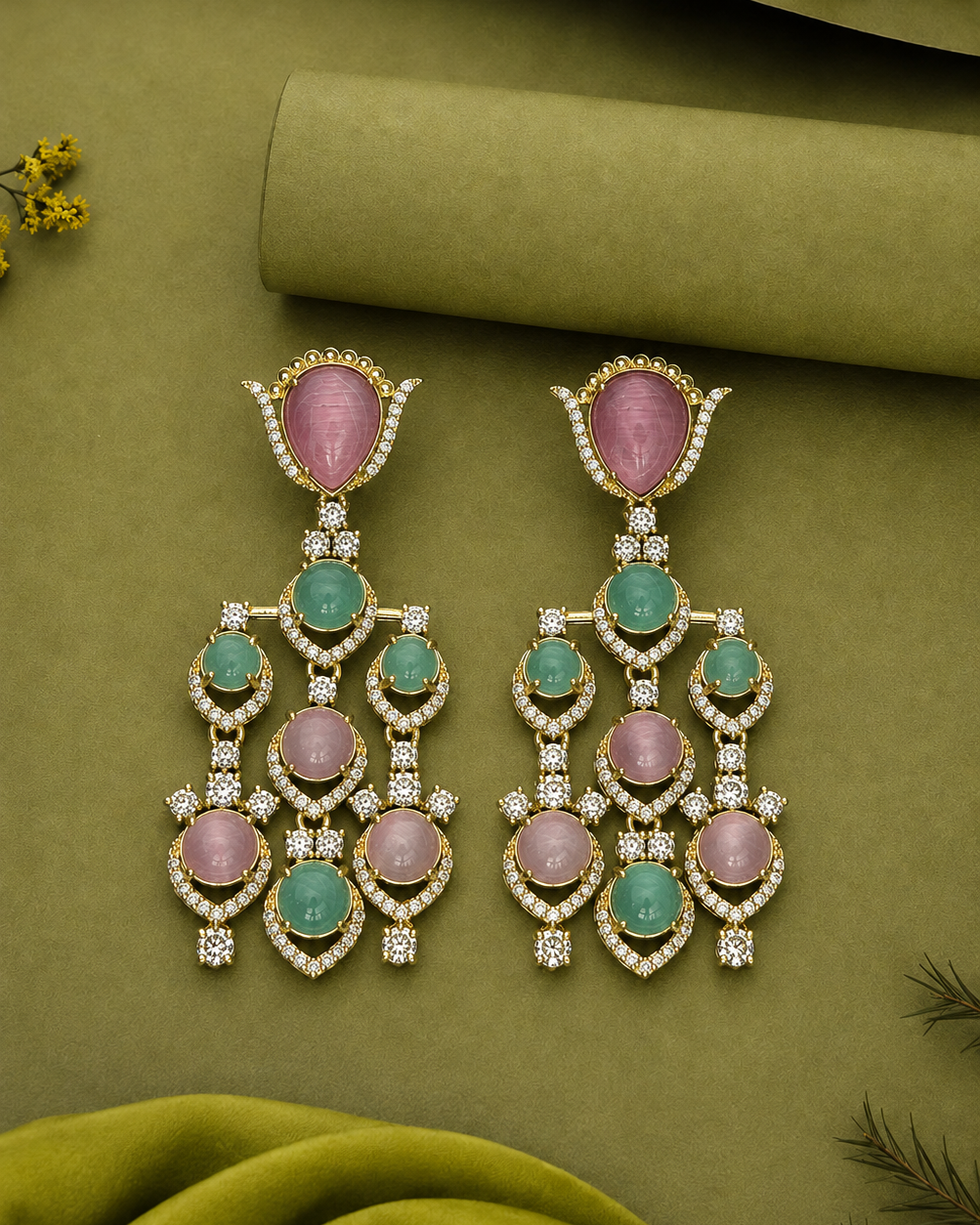 A pair of gold-toned statement dangle earrings with pink cabochon and green teardrop stones, accented with clear pavé stones, displayed on an olive green textured background.