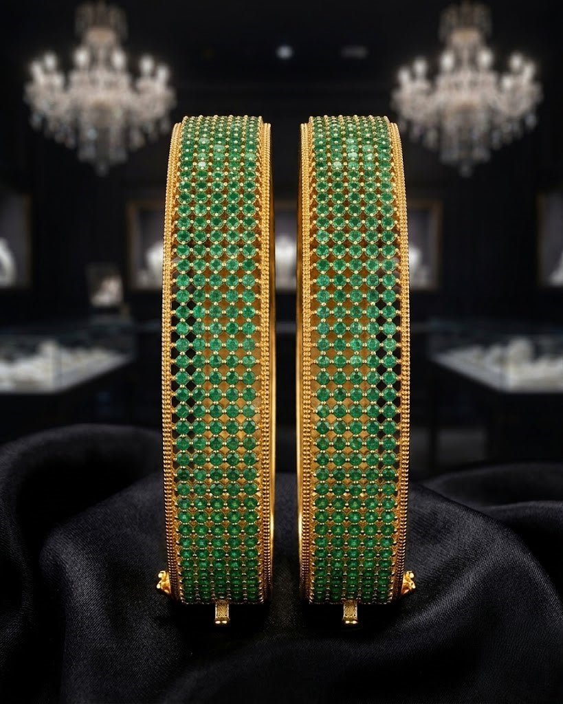 Openable Premium Sparkle Design Emerald Micro Setting Broad Kada Bangles Pair Gold Tone