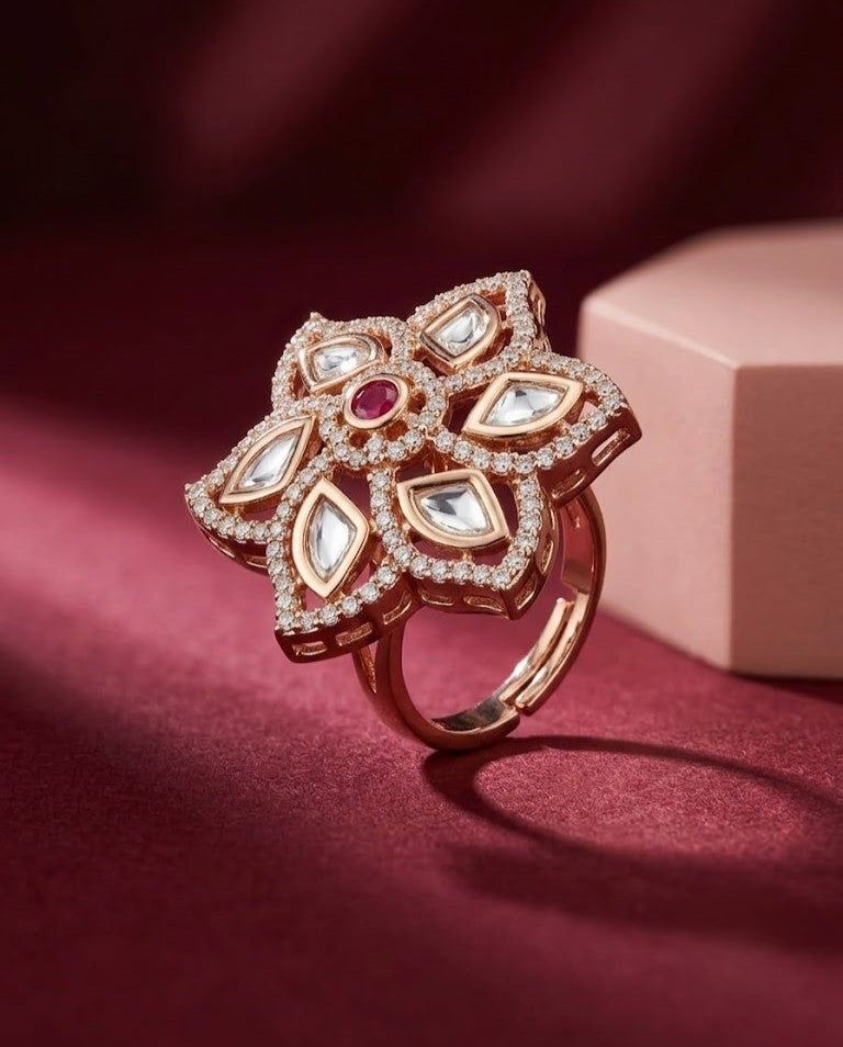 Kumudini Ruby Kundan Ring for Women | Floral Adjustable Statement Ring