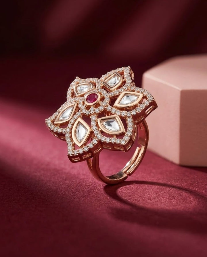 Kumudini Ruby Kundan Ring for Women | Floral Adjustable Statement Ring