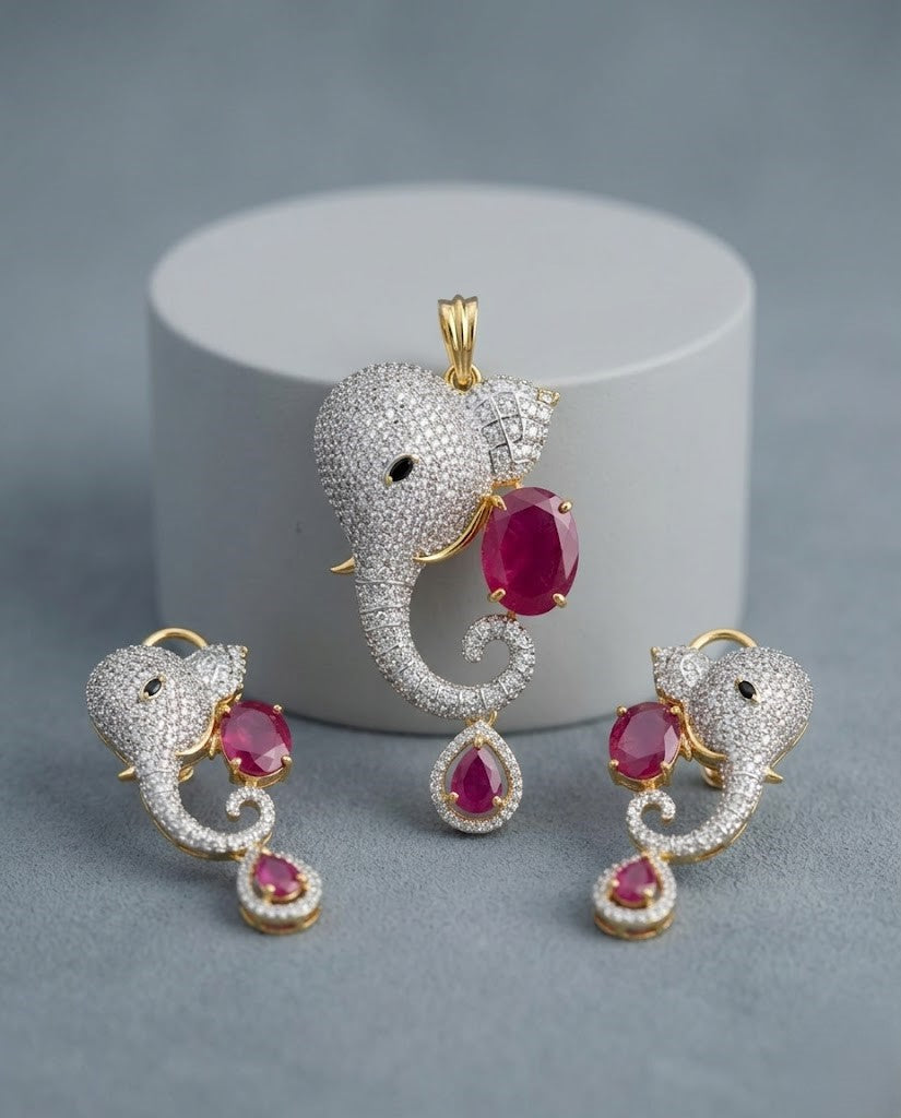 Gajraaj Emerald Elephant Designer Pendant Set