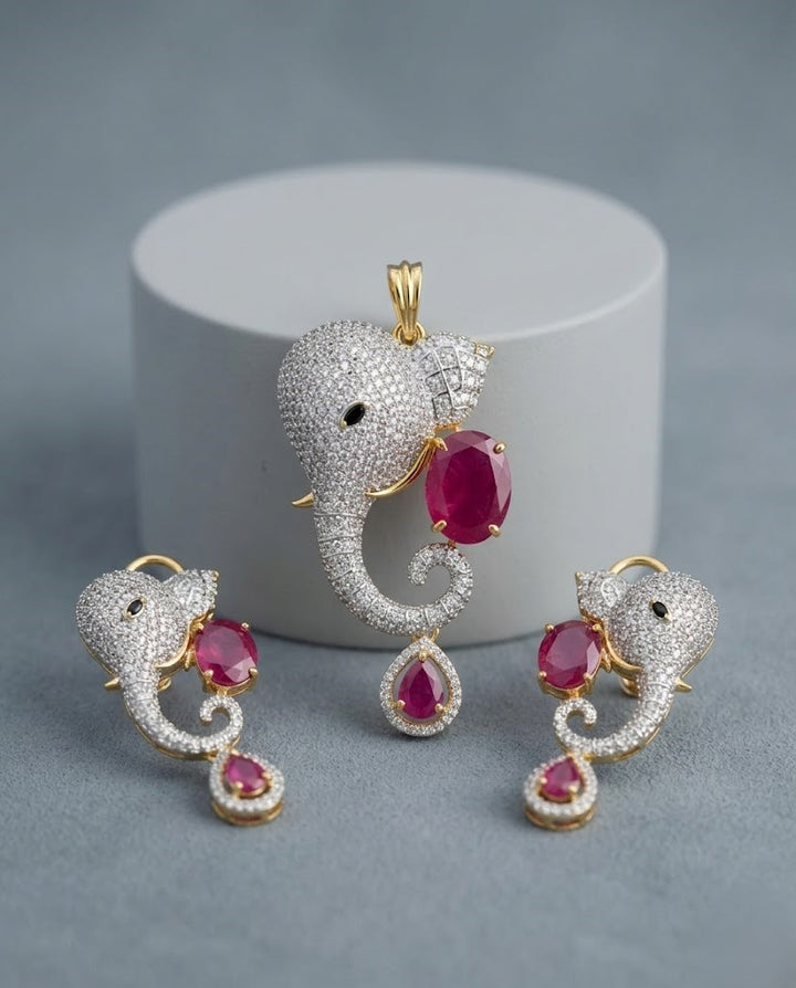 Gajraaj Emerald Elephant Designer Pendant Set