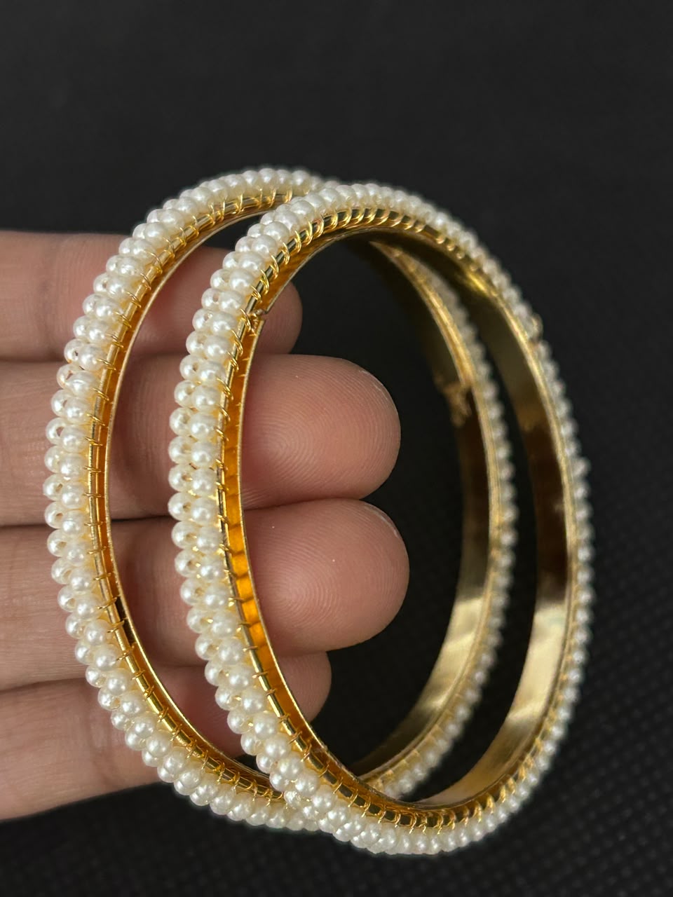 Elara Pearl Line Gold-Finish Bangles – Set of 2