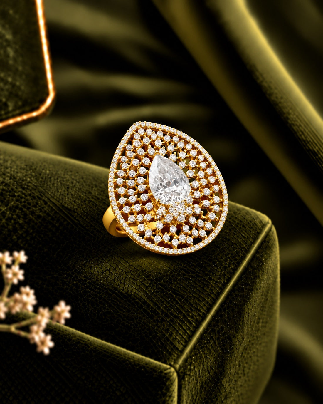 Adjustable Gold Teardrop Crystal Statement Ring