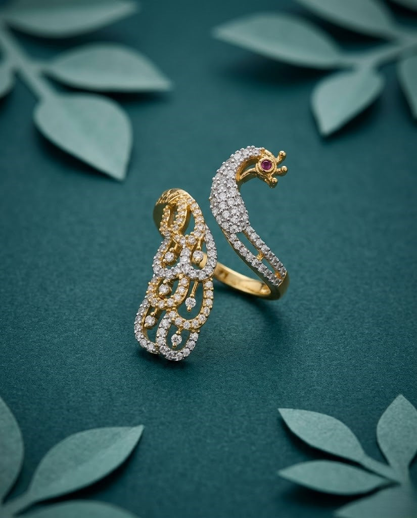Mayurika Peacock AD Ring for Women Gold Tone Adjustable Designer Ring