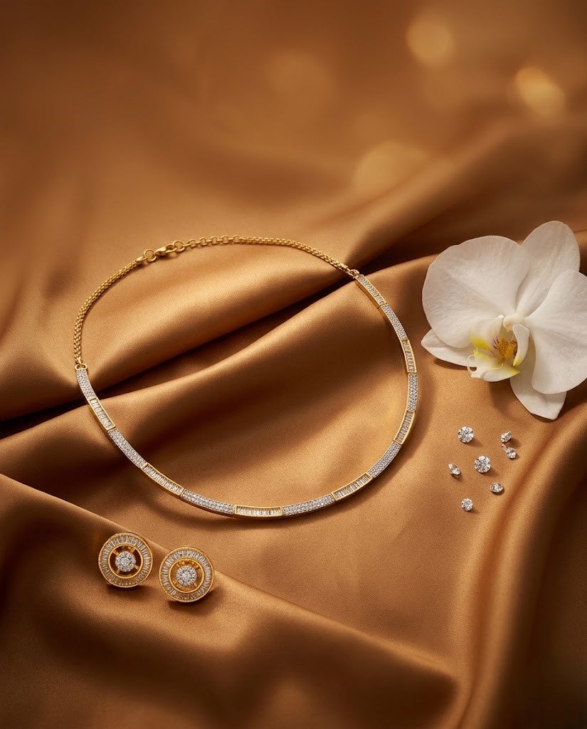 Aarunya Luxe Diamond Line Necklace Set with Stud Earrings