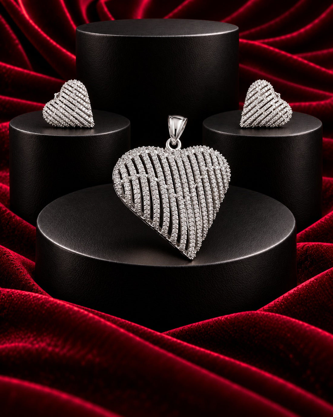 Premium Sparkle Heart Designer Pendant Set in Silver Tone