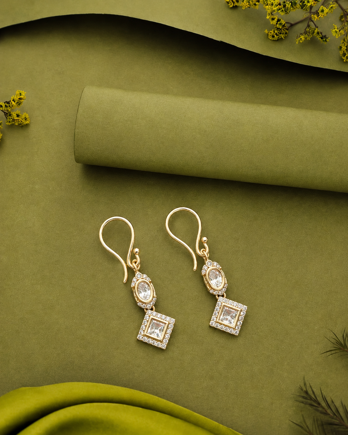 Premium Kundan Square Drop Earrings White Ruby Green