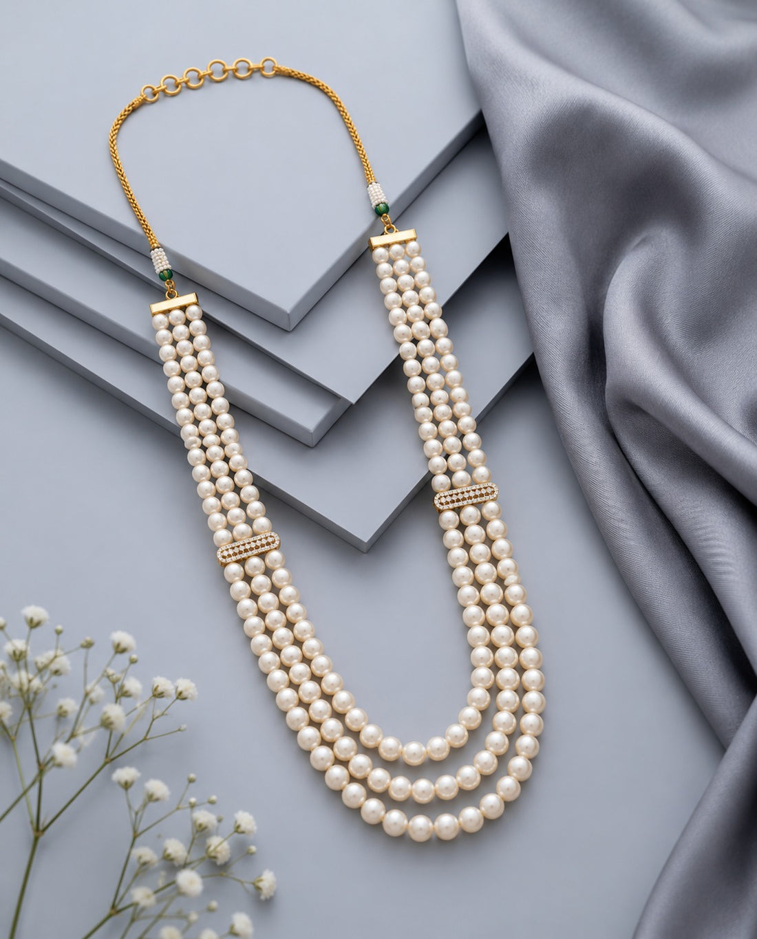 Aarvi Classic Triple-Layer Pearl Mala – 24 Inch
