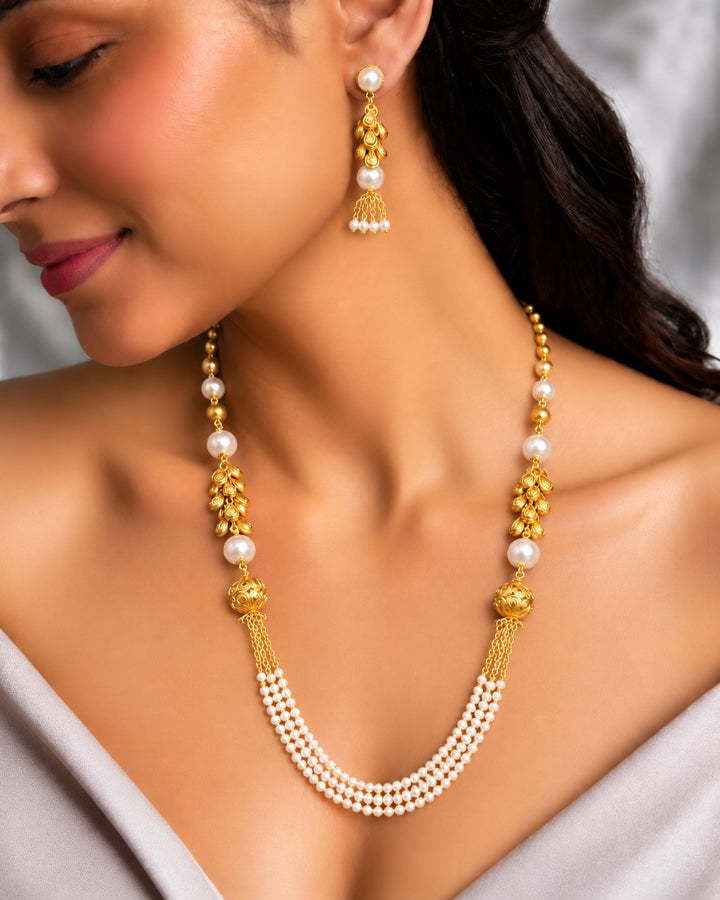 Pearl Layered Designer Mala Necklace Set with Earrings