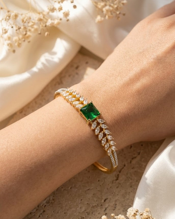 Designer Openable Green Stone Diamond Bracelet for Women | Gold Polish American Diamond Kada | Size 2.4 & 2.6