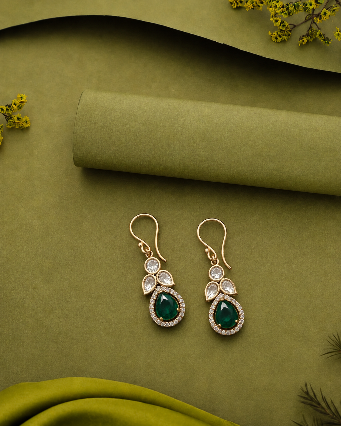 Premium Kundan Teardrop Earrings Green Red Gold Finish