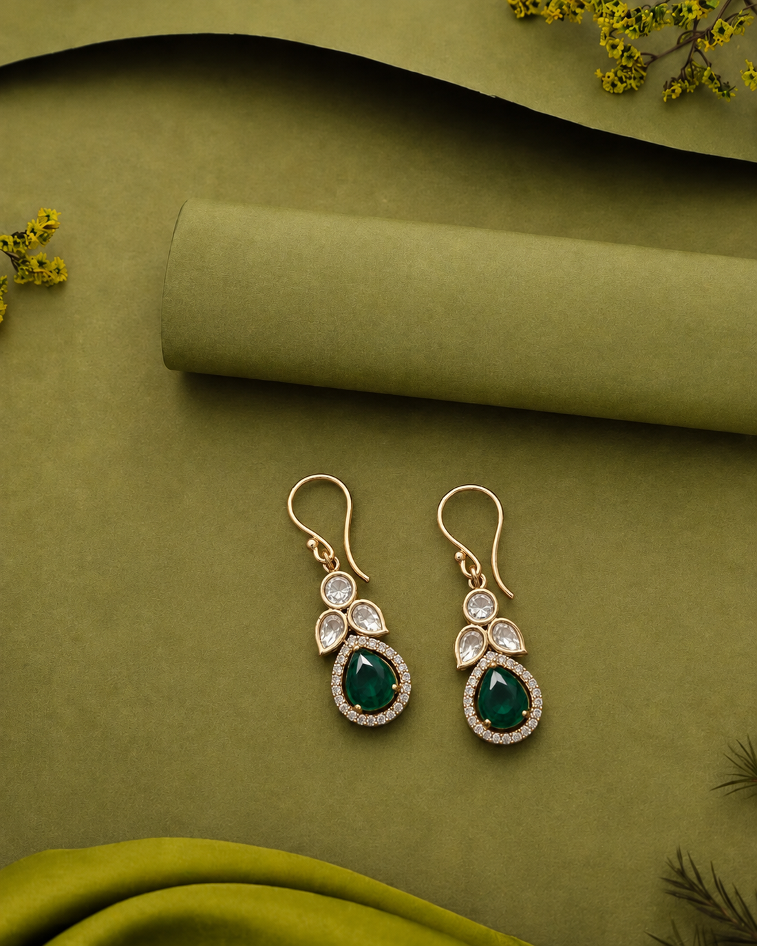 Premium Kundan Teardrop Earrings Green Red Gold Finish
