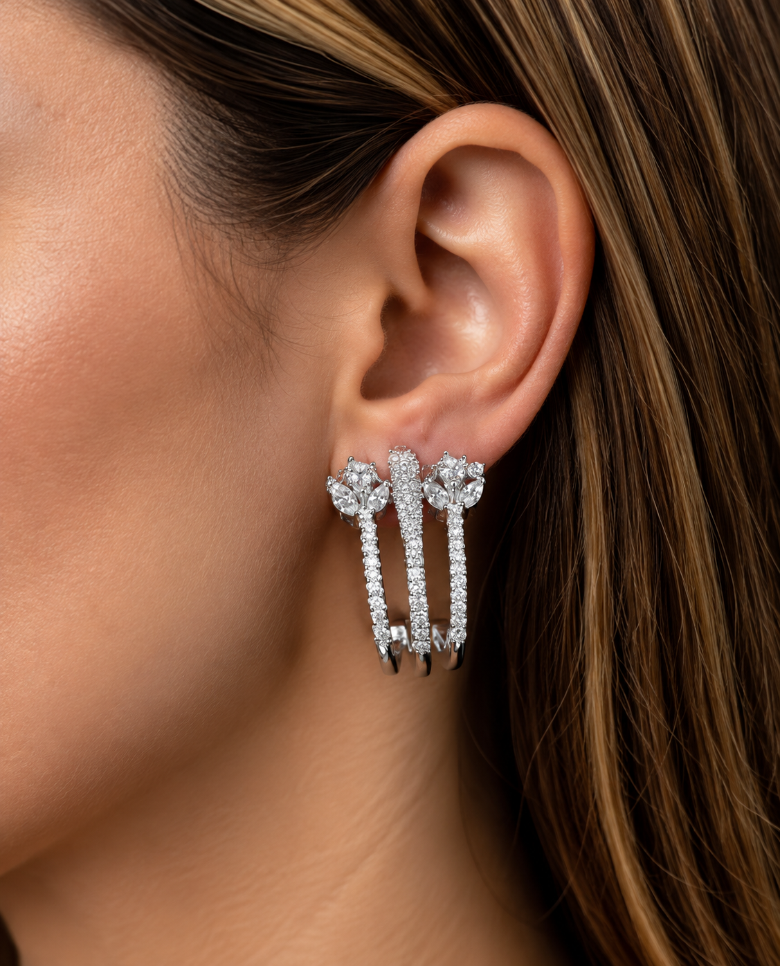 Celestia Floral Double-Line Ear Climber Earrings – Gold & Silver
