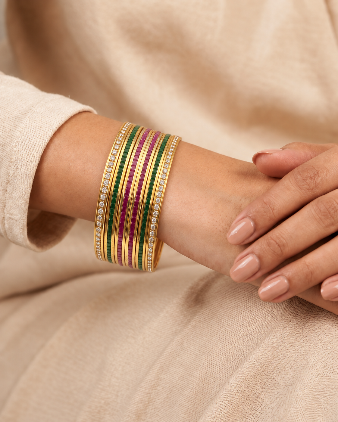 Rangmahal Ruby Emerald AD Stone Bangles Set