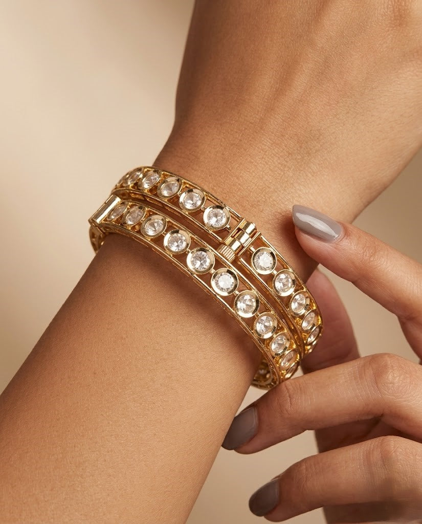 Gold Plated Kundan Openable Bangle Set – Designer Stone Kada for Women