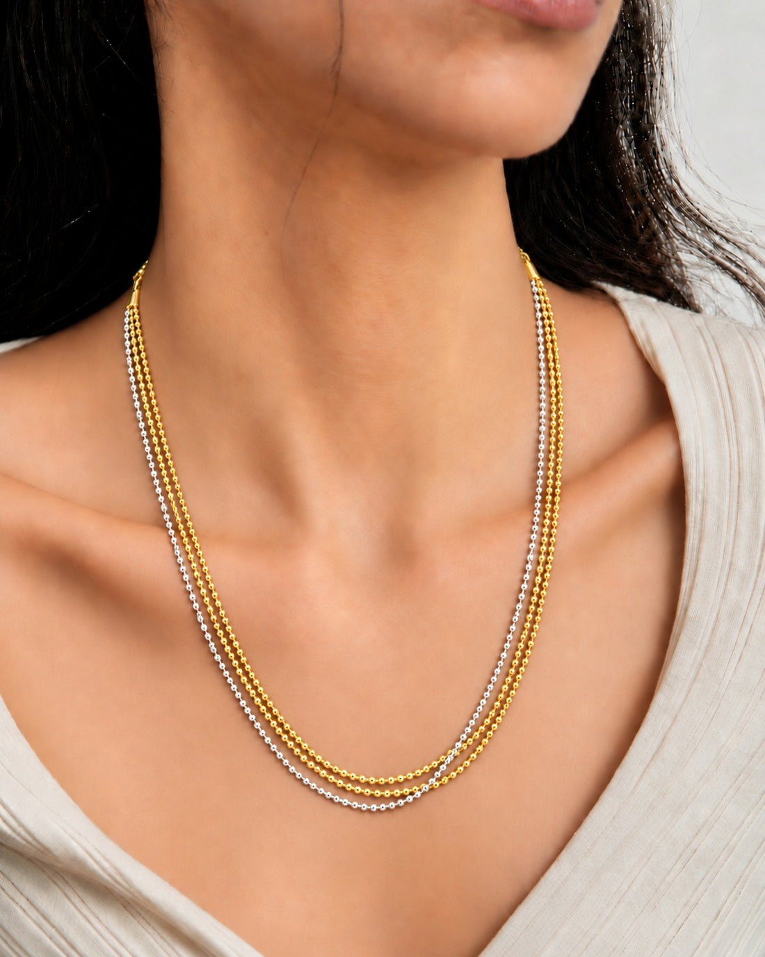 Trinelle Two-Color Gold & Silver Three-Layer Beaded Necklace – 18 Inch