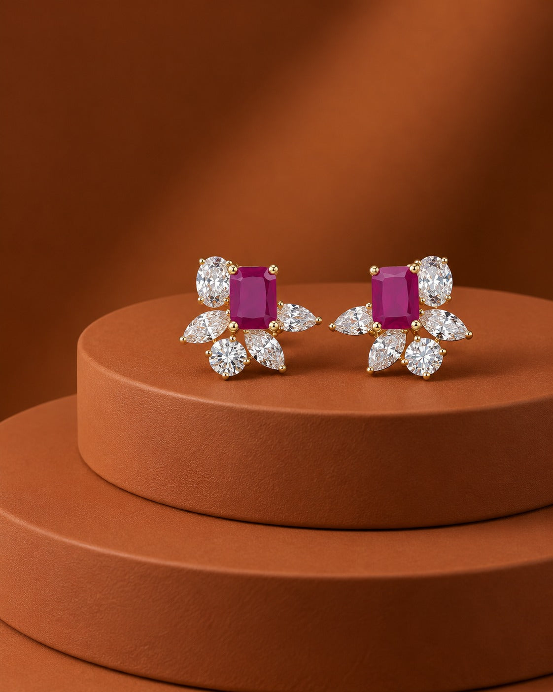 Velora Emerald-Cut Floral Stud Earrings – Blue, Green & Ruby