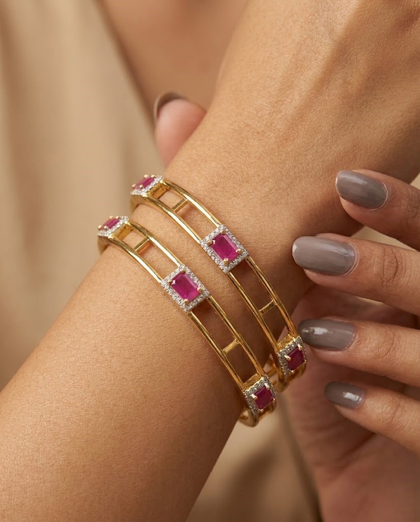 Gold Finish Ruby & Emerald Stone Bangles Set – Designer Jewellery for Women