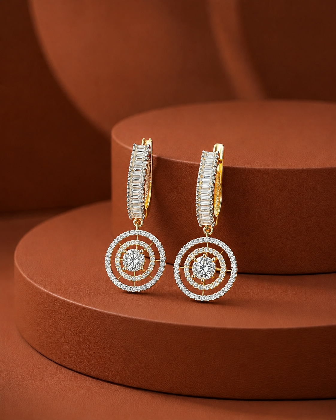 Designer CZ Baguette Drop Earrings – Gold & Silver Finish