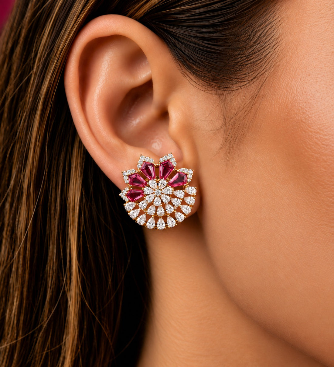 Zarelle Fan Bloom Diamond-Look Stud Earrings – Ruby, Green & Blue