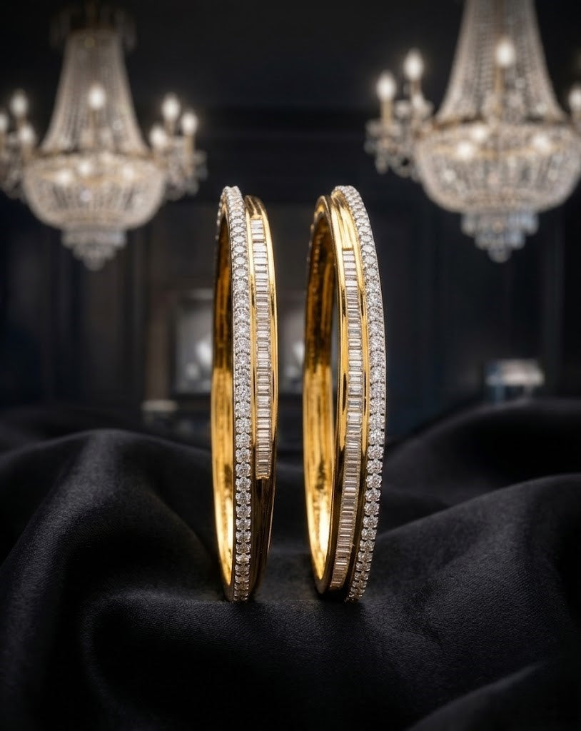 Dual Tone Diamond Finish Bangle Set for Women – Gold Polish with Baguette Detailing