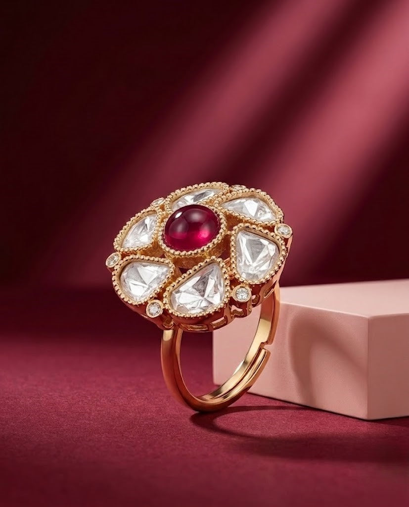 Zarika Emerald Kundan Ring for Women | Adjustable Floral Statement Ring