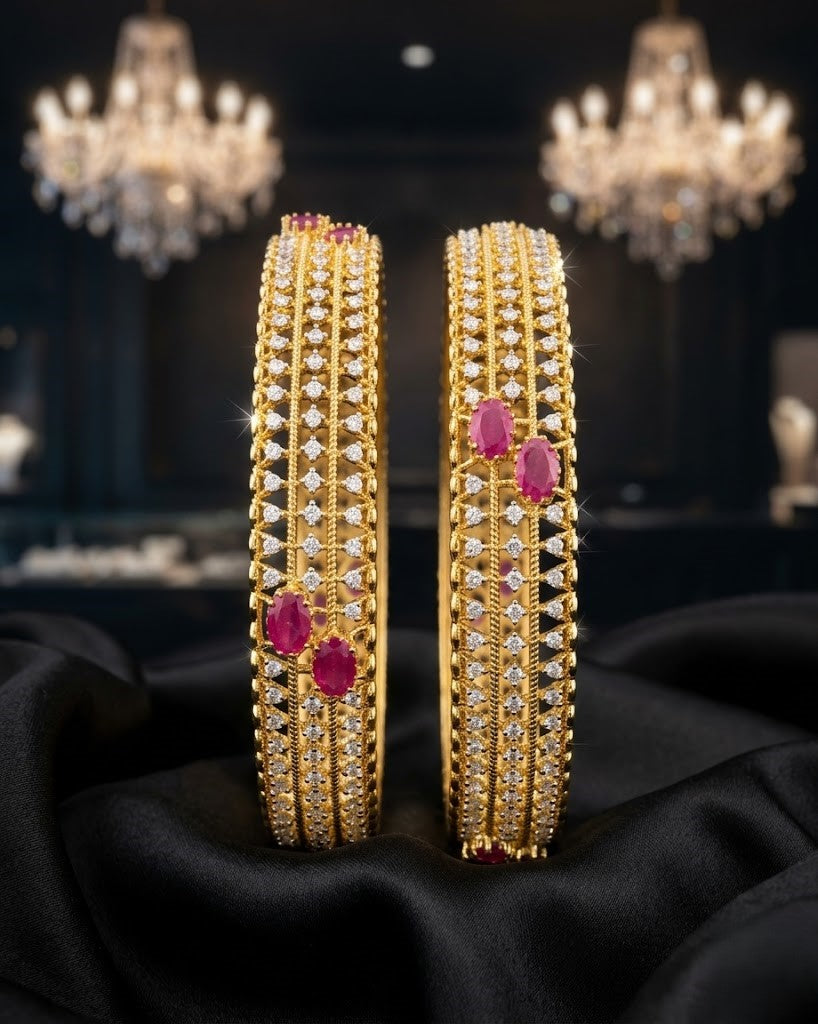 Gold AD Stone Bangles Set with Red & Green Variants | 2.4, 2.6, 2.8 Sizes