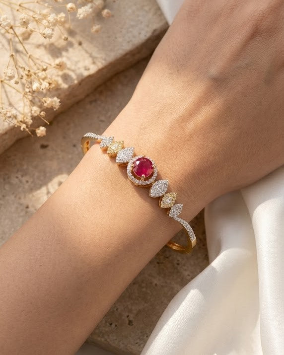 Designer Openable Ruby & Diamond Bracelet for Women | Gold Polish American Diamond Kada | Size 2.4 & 2.6