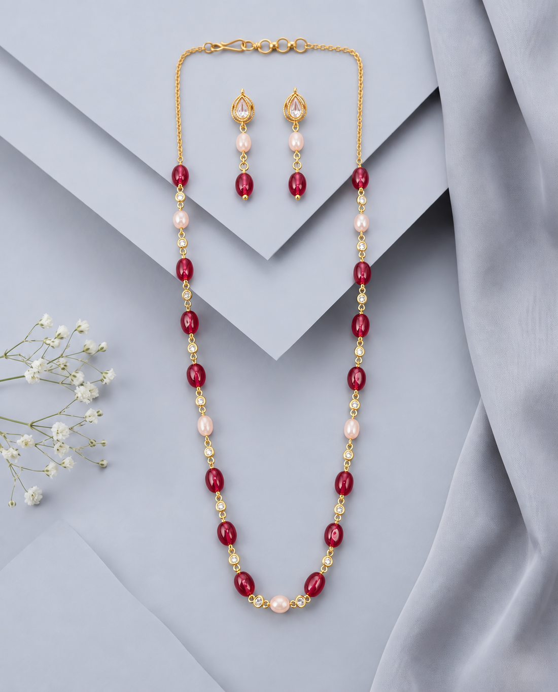 Roselle Ruby Blush Beaded Mala & Earrings