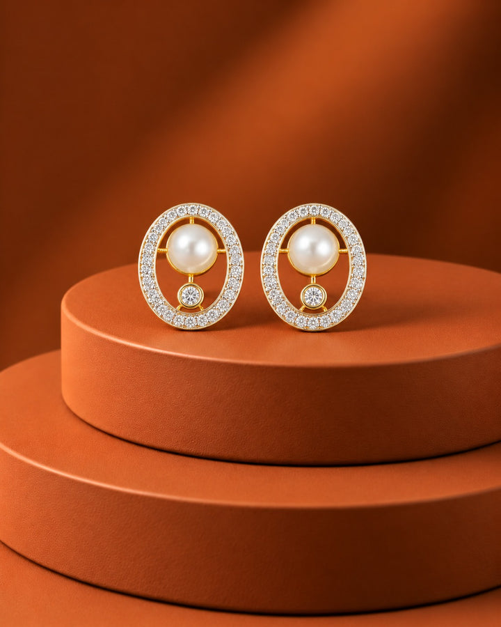 Elara Pearl Halo Oval Stud Earrings
