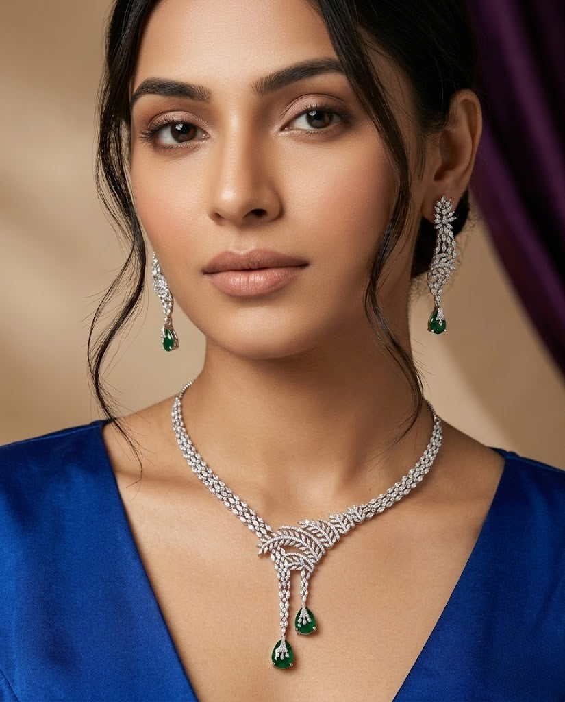 Meherza Emerald Real Look Diamond Necklace Set with Green Drop Earrings