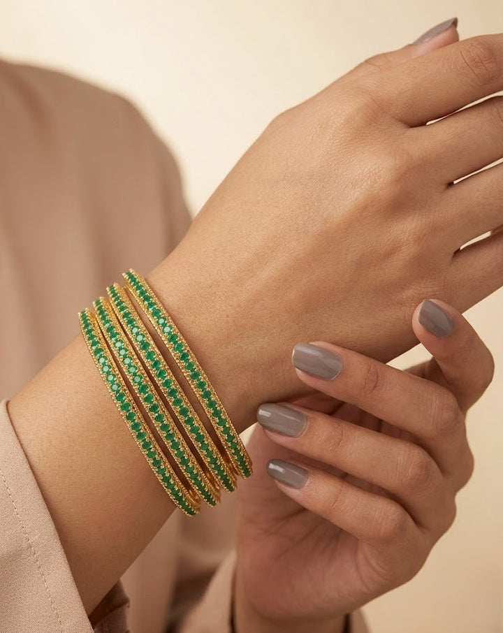 Emerald Green Stone Bangles Set of 4 ,Gold Tone Stack Design
