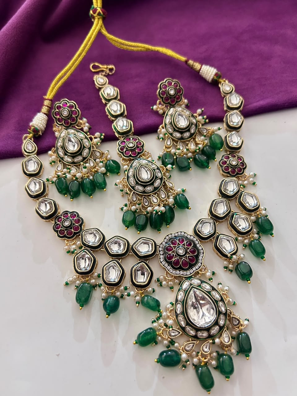 Rajvi Heritage Kundan Green Bead Necklace Set