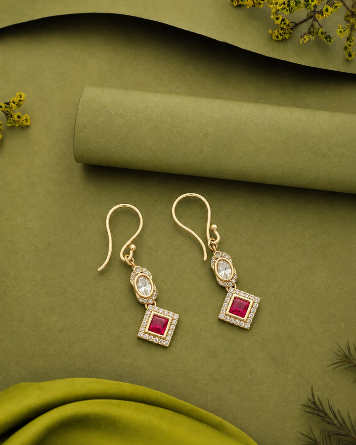 Premium Kundan Square Drop Earrings White Ruby Green