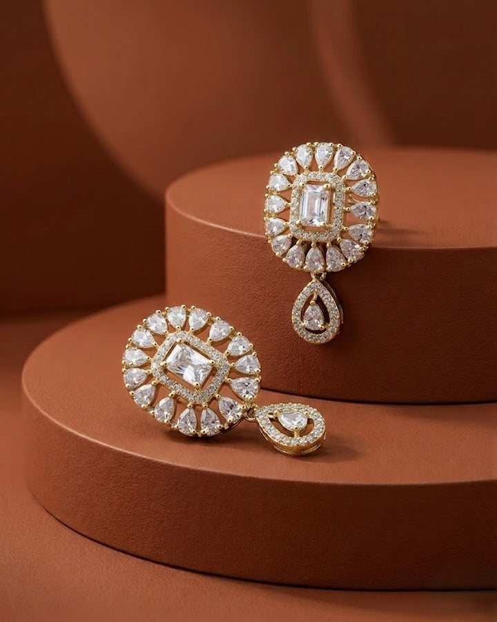 White Diamond Round Drop Stud Earrings with Square Centre – Gold Finish